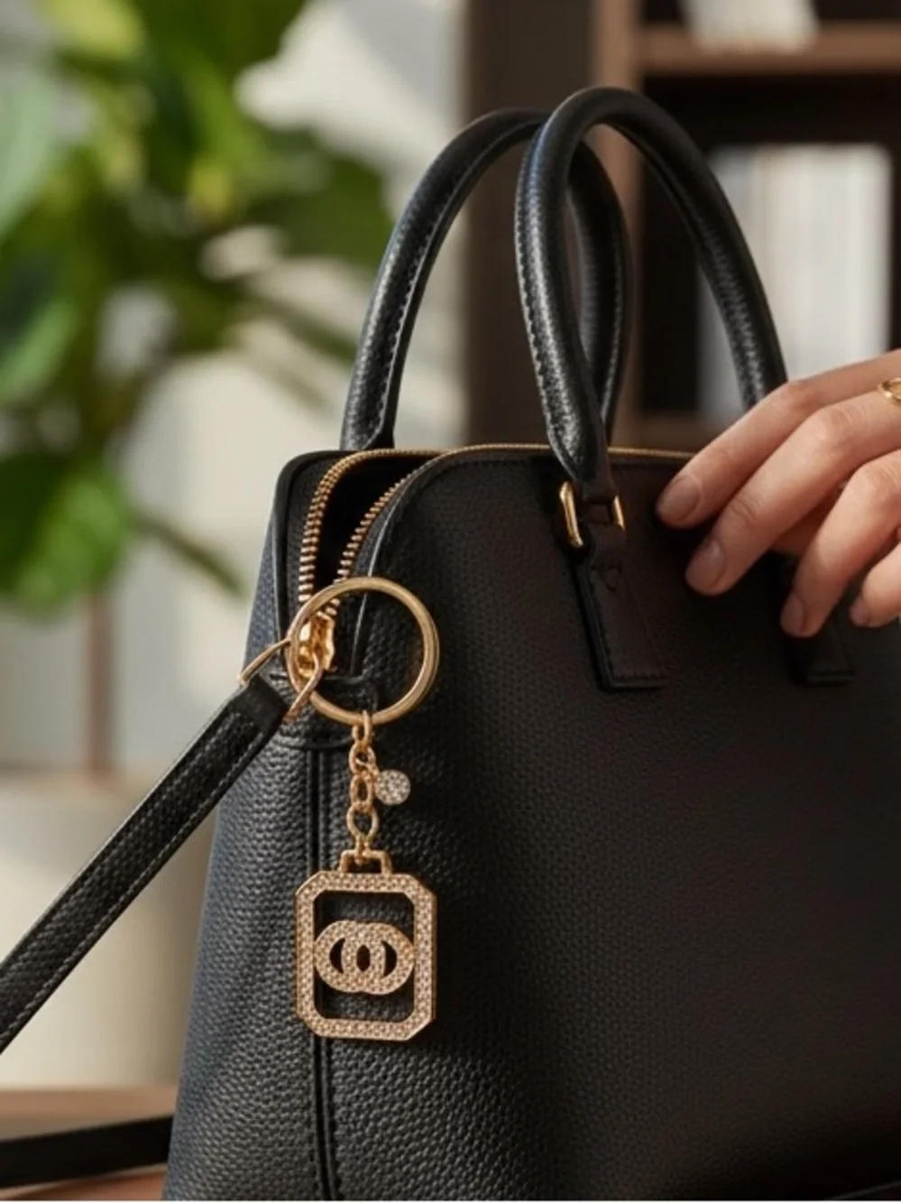 Gold Crystal Keychain Charm with Interlocking Rings Accent